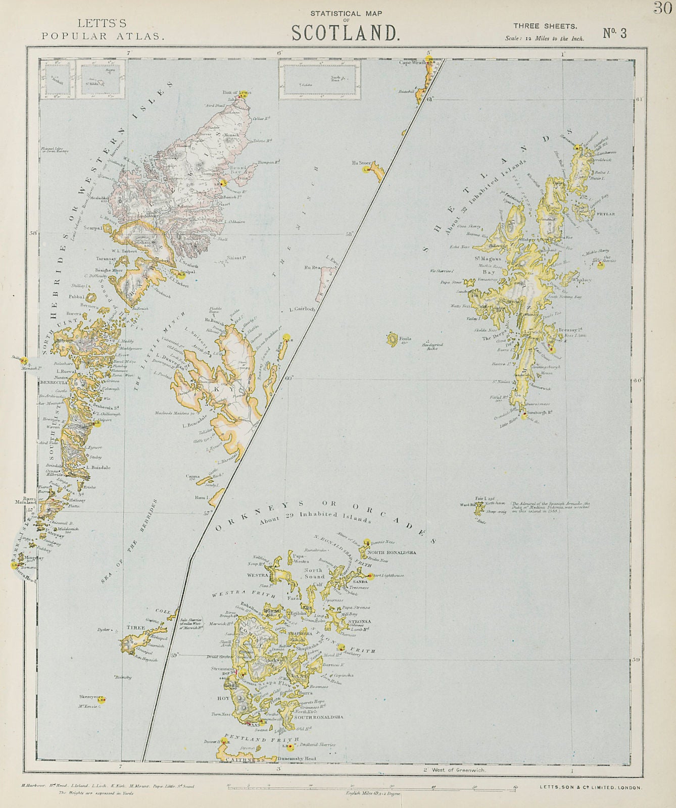 SCOTLAND ISLANDS. Western Isles. Orkneys, Shetlands & Hebrides. LETTS 1884 map